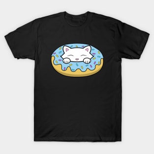 Cute white kitten eating a big blue doughnut with sprinkles on top of it T-Shirt